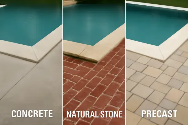 A collage of five different pool coping styles—concrete, natural stone, brick, paver, and precast—with clear labels.