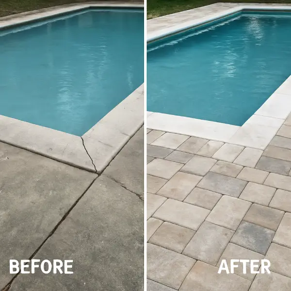 Before-and-after photo of a pool renovation with updated coping installation