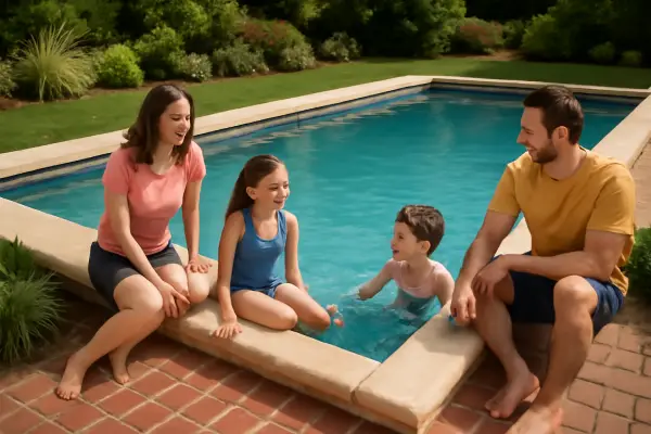 Family enjoying time around the pool with clear visibility of coping edge for safety and comfort.
