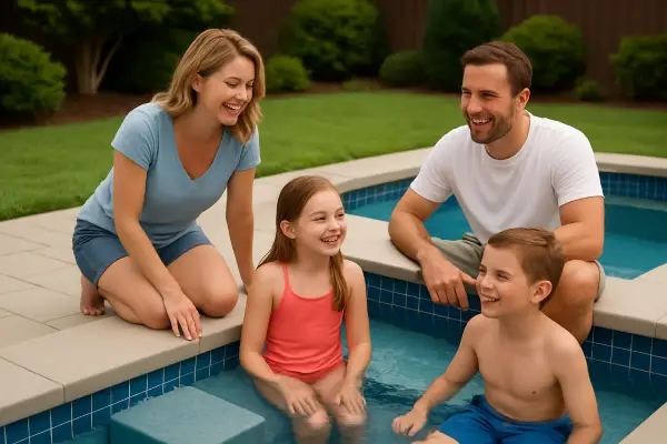 Happy family enjoying their newly renovated pool with clean, safe coping and spa area.
