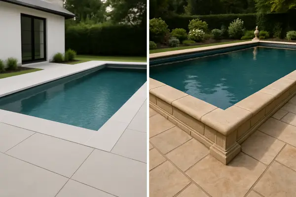 Side-by-side images showing a sleek modern pool vs. a traditional-style pool, emphasizing coping differences.